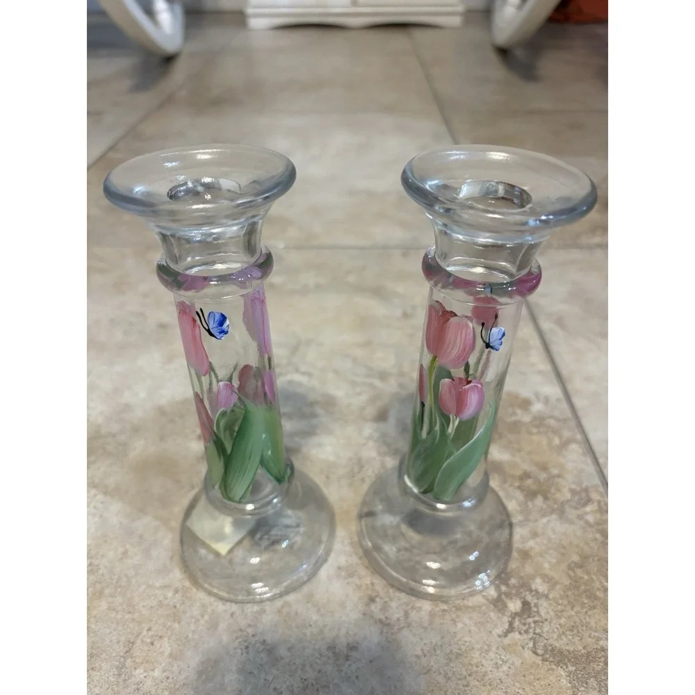 Christine Schreiber Forget-Me-Not Hand Painted Glass Candlesticks Tulips Pair